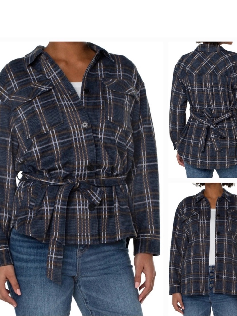 Liverpool Jeans Company Blue Plaid Belted Utility Shacket